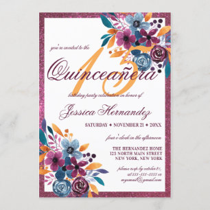 Burgundy Mustard Watercolor Blume Quinceañera Einladung