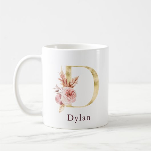 Burgundy Name und Pink Floral Monogram Letter D Kaffeetasse (Links)