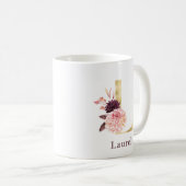Burgundy Name und Pink Floral Monogram Letter L Kaffeetasse (VorderseiteRechts)