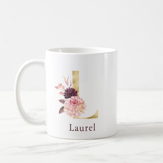 Burgundy Name und Pink Floral Monogram Letter L Kaffeetasse (Links)