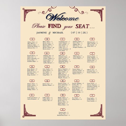 Burgundy Navy and Ivory Chic Wedding Seating Chart Poster (Vorne)