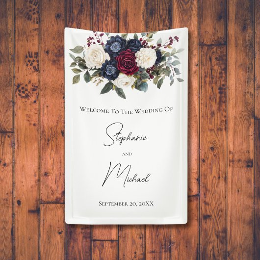 Burgundy Navy Blauer Flora Elegante Hochzeit Banner
