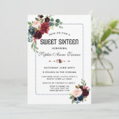 Burgundy Navy Blauer, gepunkteter Rahmen Sweet 16 Einladung (Stehend Vorderseite)