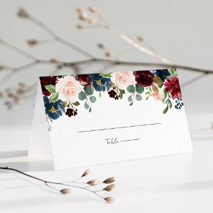 Burgundy Navy Blue & Blush Pink Floral Wedding Platzkarte