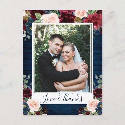 Burgundy Navy Blue Blush Wedding Foto Vielen Dank Postkarte (Vorderseite)