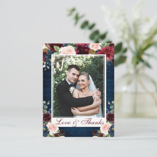 Burgundy Navy Blue Blush Wedding Foto Vielen Dank Postkarte (Stehend Vorderseite)
