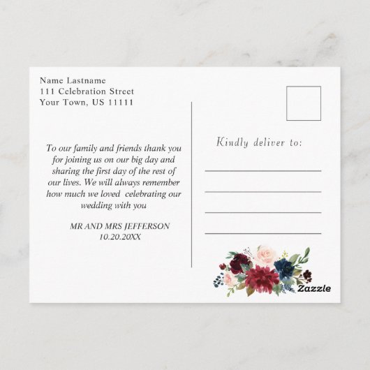 Burgundy Navy Blue Blush Wedding Foto Vielen Dank Postkarte (Rückseite)