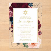 Burgundy Navy Blue Floral Bat Mitzvah Acryleinladungen (Vorderseite)