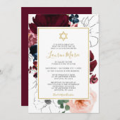Burgundy Navy Blue Floral Bat Mitzvah Einladung (Vorne/Hinten)