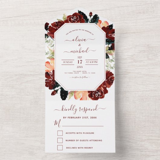 Burgundy Navy Blue Floral Eucalyptus Wedding RSVP All In One Einladung (Innen Boden)
