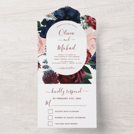 Burgundy Navy Blue Floral Eucalyptus Wedding RSVP All In One Einladung (Innen Boden)