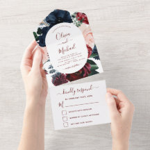 Burgundy Navy Blue Floral Eucalyptus Wedding RSVP