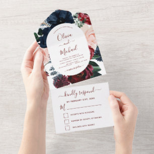 Burgundy Navy Blue Floral Eucalyptus Wedding RSVP All In One Einladung