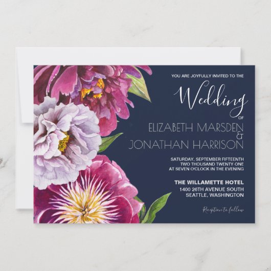 Burgundy Navy Blue Floral Foto Dark Wedding Einladung (Vorderseite)