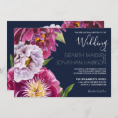 Burgundy Navy Blue Floral Foto Dark Wedding Einladung (Vorne/Hinten)