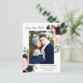 Burgundy Navy Blue Floral Foto Save the Date Postkarte (Stehend Vorderseite)
