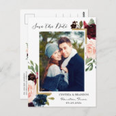 Burgundy Navy Blue Floral Foto Save the Date Postkarte (Vorne/Hinten)