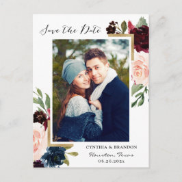 Burgundy Navy Blue Floral Foto Save the Date Postkarte