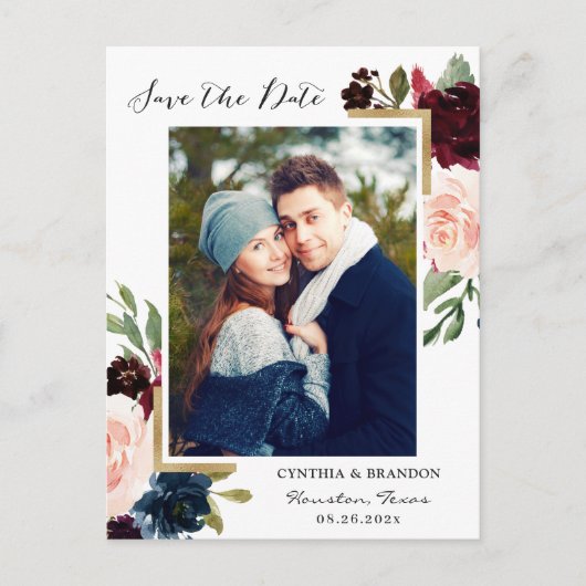 Burgundy Navy Blue Floral Foto Save the Date Postkarte (Vorderseite)