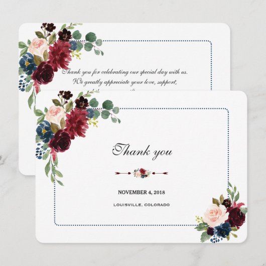 Burgundy Navy Blue Floral Frame Wedding Vielen Dan Einladung (Vorne/Hinten)