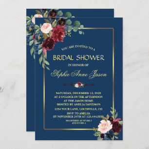 Burgundy Navy Blue Floral Gold Frame Brautparty Einladung