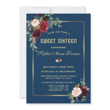 Burgundy Navy Blue Floral Golden Frame Sweet 16
