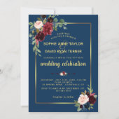 Burgundy Navy Blue Floral Golden Frame Wedding Einladung (Vorderseite)