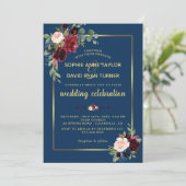Burgundy Navy Blue Floral Golden Frame Wedding Einladung (Stehend Vorderseite)