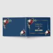 Burgundy Navy Blue Floral Golden Frame Wedding Gästebuch (Voll)