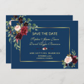 Burgundy Navy Blue Floral Golden Save the Date (Vorne/Hinten)