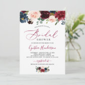 Burgundy Navy Blue Floral Script Brautparty Einladung (Stehend Vorderseite)