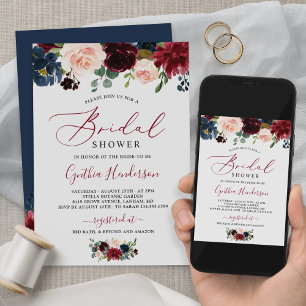 Burgundy Navy Blue Floral Script Bridal Shower Einladung