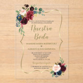 Burgundy Navy Blue Floral Spanische Nuestra Boda Acryleinladungen (Vorderseite)