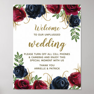 Burgundy Navy Blue Floral Unplugged Wedding Sign Poster