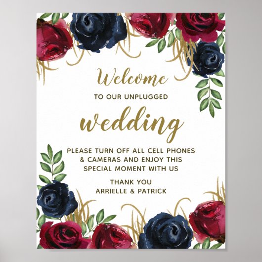 Burgundy Navy Blue Floral Unplugged Wedding Sign Poster (Vorne)