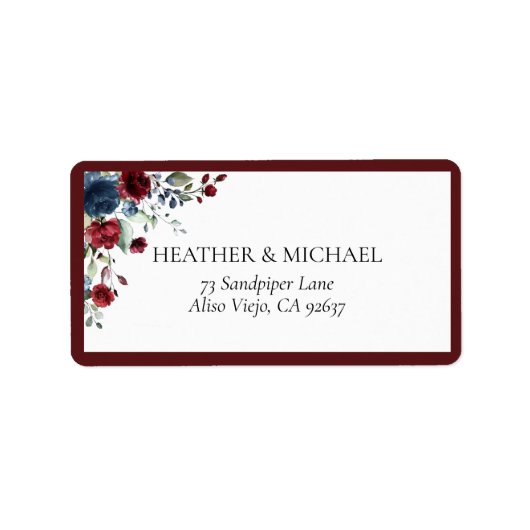 Burgundy Navy Blue Floral Watercolor-Adresse Adressaufkleber (Vorne)