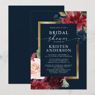 Burgundy Navy Blue Floral Watercolor Brautparty Einladung