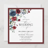 Burgundy Navy Blue Floral Watercolor Script Einladung (Vorderseite)