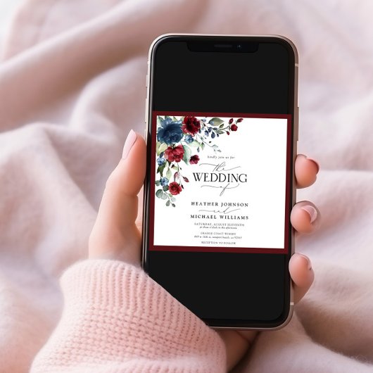 Burgundy Navy Blue Floral Watercolor Script Einladung