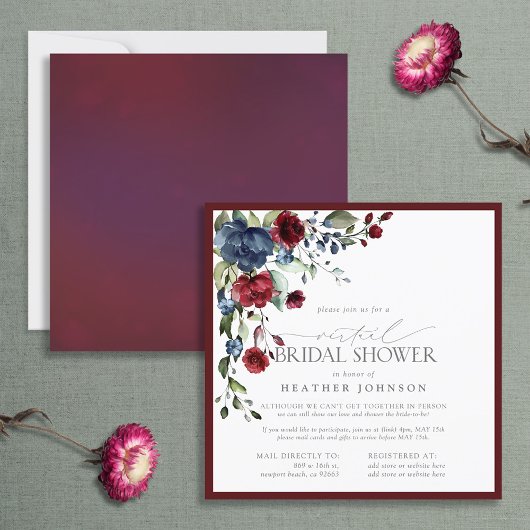 Burgundy Navy Blue Floral Watercolor Virtual Einladung