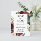 Burgundy Navy Blue Floral Wedding Save the Date Postkarte (Stehend Vorderseite)