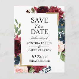 Burgundy Navy Blue Floral Wedding Save the Date Postkarte