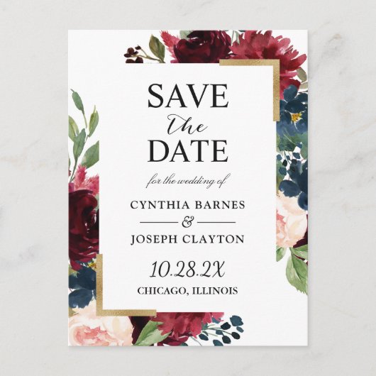 Burgundy Navy Blue Floral Wedding Save the Date Postkarte (Vorderseite)