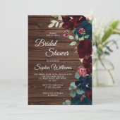 Burgundy & Navy Blue Flowers Holz Brautparty Einladung (Stehend Vorderseite)