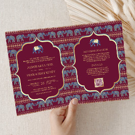 Burgundy Navy Blue Gold Elephant Indian Wedding Einladung