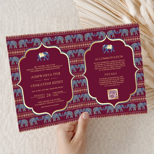 Burgundy Navy Blue Gold Elephant Indian Wedding Einladung