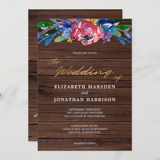 Burgundy Navy Blue Gold Floral Dark Wood Wedding Einladung (Vorne/Hinten)