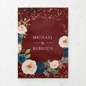 Burgundy Navy Blue Peach Floral QR Code Hochzeit Dreifach Gefaltete Einladung (Cover)