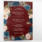 Burgundy Navy Blue Peach Floral QR Code Hochzeit Dreifach Gefaltete Einladung (Innen Erste Seite)