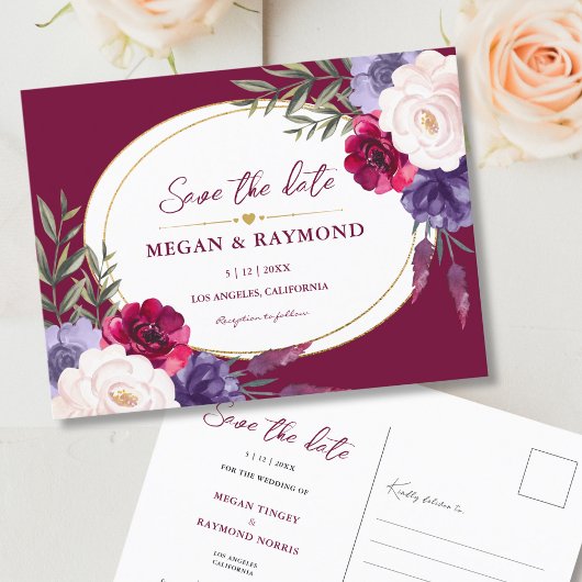 Burgundy Navy Blue Peony Geometric Save the Date Postkarte